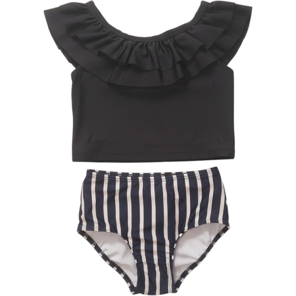 Ruffle Butts Toddler Girls Black White Striped Ruffle Swimsuit Set 4T